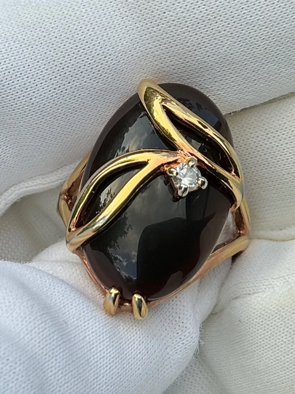 Vintage Seta Oval Black Onyx & Crystal Gold Plated Statement Ring Size 6